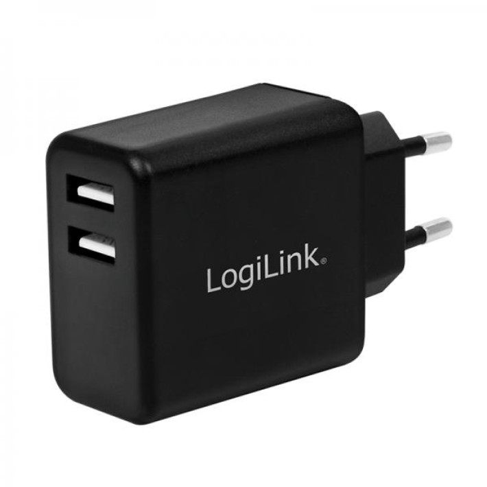 Adattatore di Corrente con 2 Porte USB - con Presa a Muro - 12 W - Nero