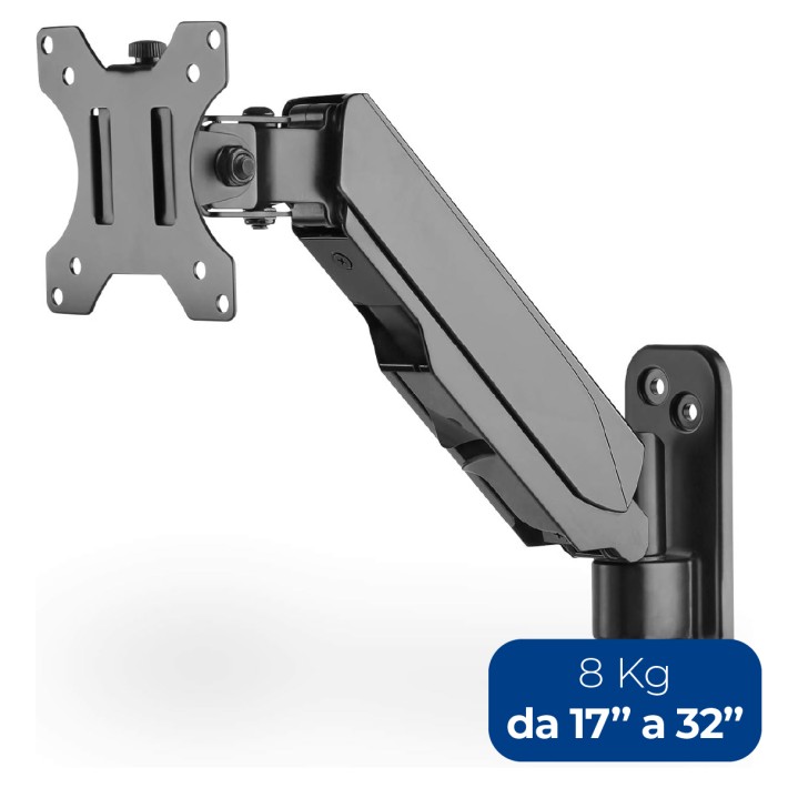 Supporto per Monitor - Universale Singolo - con Molla a Gas - per Installazione a Muro - da 17" a 32" - fino a 8 kg