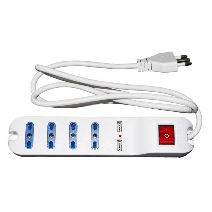 Multipresa - 4 Prese Universali Ita 10/16 A - 2 Prese Usb - con Spina 16 A - con Interruttore - Bianco