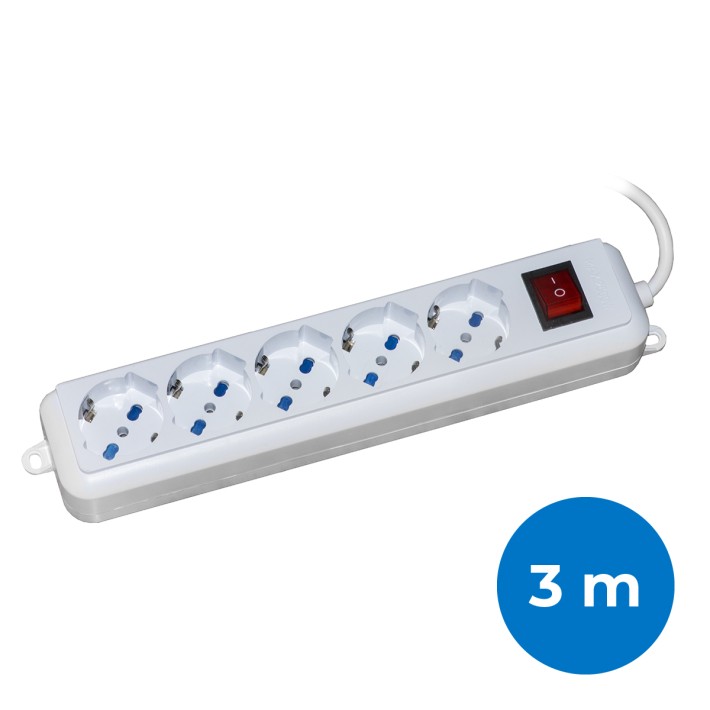 Multipresa - 5 Prese Universali Ita/Shuko 10/16 A - con Spina 16 A - con Interruttore - con Cavo di 3 m - Bianco