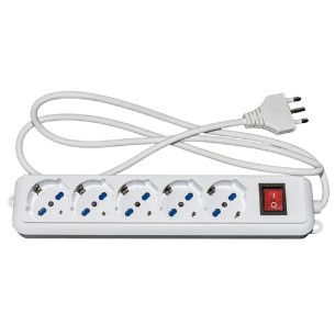 Multipresa - 5 Prese Universali Ita/Shuko 10/16 A - con Spina 16 A - con Interruttore - Protezione Sovraccarichi - Bianco