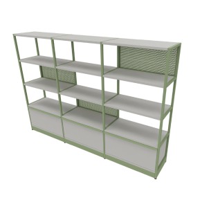 Libreria Combus Modello 2 - Dimensioni 240 x 40 x 163,5 cm - Colore Struttura Verde - Colore Ripiano Legno Grigio