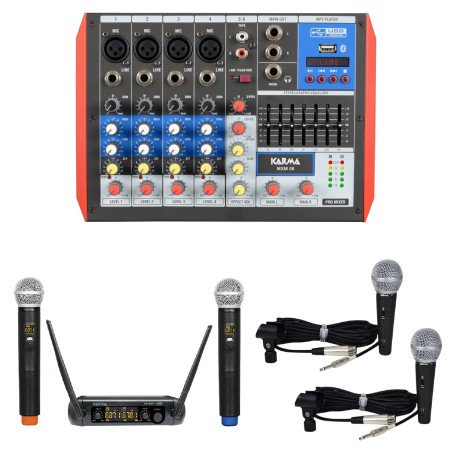 Kit Casse All in One - 700W - Treppiedi, 4 microfoni (2 filo e 2 wireless) e Mixer