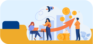 Persone davanti a grafici e frecce che rappresentano bandi e opportunità di finanziamento