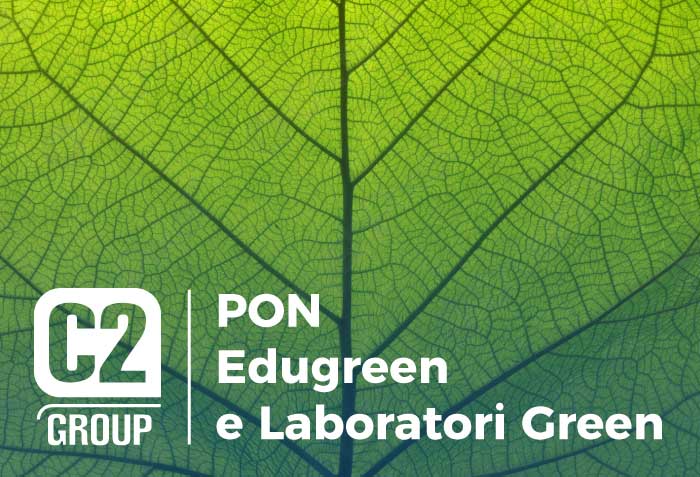 Foglia verde con logo C2 Group, simbolo del Bando PON Laboratori Green 2021