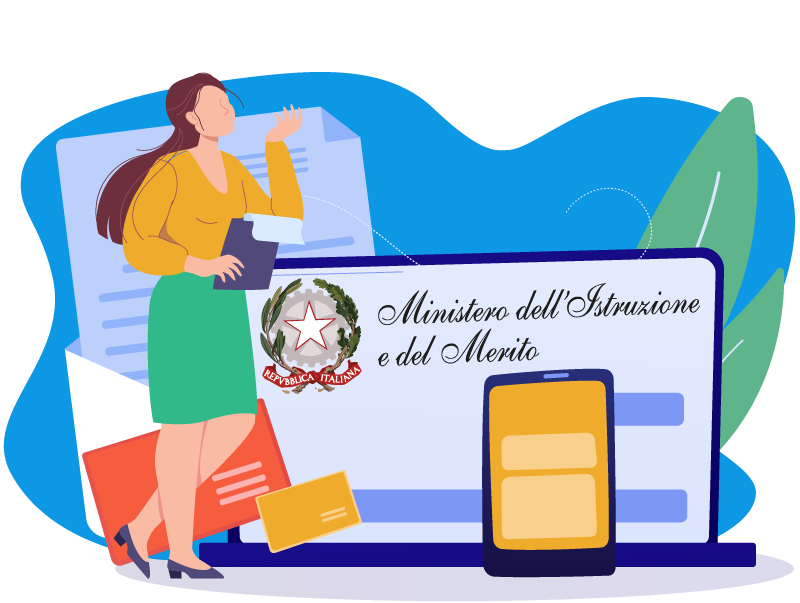 Donna che presenta documenti con simboli del Ministero dell'Istruzione e piattaforme digitali